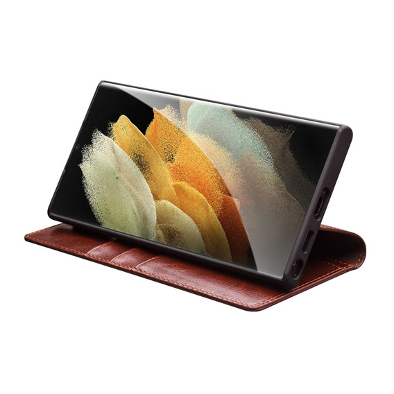 Etui z klapką do Samsung Galaxy S22 Ultra 5G, QIALINO Leather Wallet, brązowe