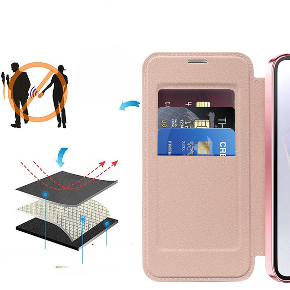 Etui z klapką do Samsung Galaxy A56 5G, RFID Wallet MagSafe z ochroną aparatu, różowe