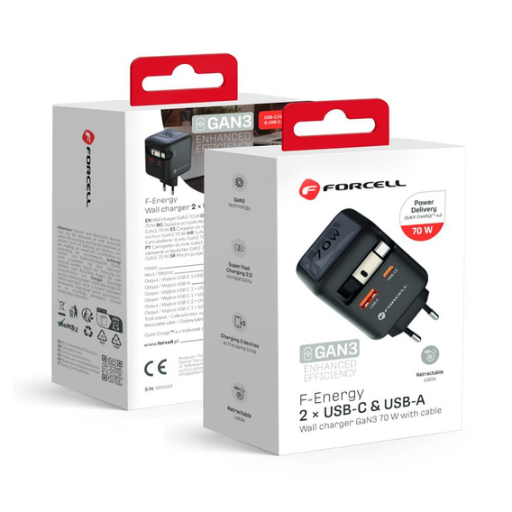 Ładowarka sieciowa do telefonu Forcell F-Energy GaN USB-C + USB-A + zwijany kabel USB-C PD QC4.0 3A 70W VT-R7 - szara