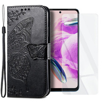 Zestaw Etui z klapką do Xiaomi Redmi Note 12S, Motyl, Czarne + Szkło