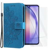 Zestaw Etui z klapką do Samsung Galaxy A54 5G, portfel Mandala i kwiaty, niebieskie + szkło