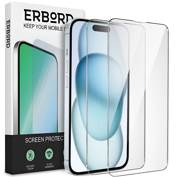 2x Szkło Hartowane do iPhone 15 Plus, ERBORD 9H Hard Glass, szybka