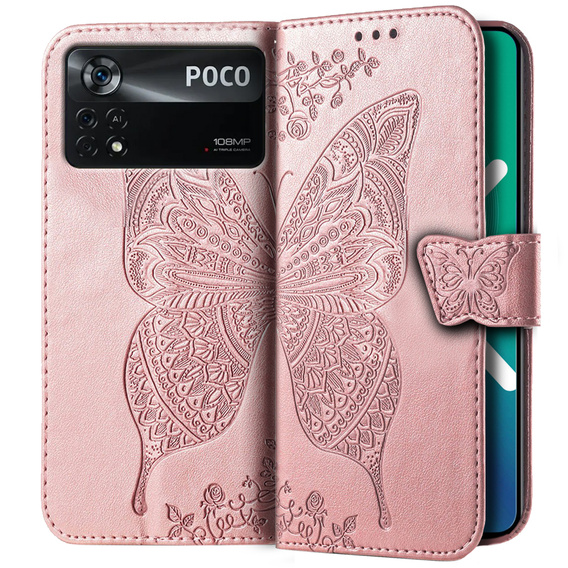 Etui z klapką do Xiaomi Poco X4 Pro 5G, Butterfly, różowe rose gold