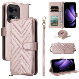 Etui z klapką do Oppo Reno 13 5G, Crossbody Leather Wallet, różowe