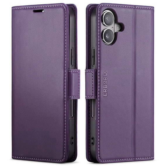 Etui do iPhone 17, ERBORD Glossy Litchi, portfel z klapką, fioletowe
