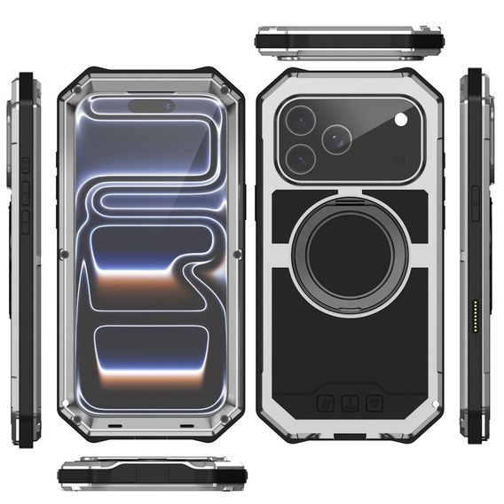 Etui pancerne do iPhone 17 Pro Max, R-JUST, do MagSafe, z podstawką, srebrne