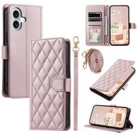 Etui z klapką do iPhone 16 Plus, Rhombus Crossbody Leather, różowe rose gold