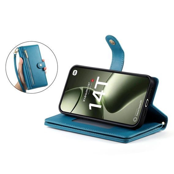Etui z klapką do Xiaomi 14T, Wallet Zipper Pocket, niebieskie