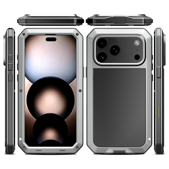Etui do iPhone 17 Pro, pancerne, z wbudowanym szkłem, srebrne
