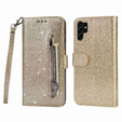 Etui z klapką do Samsung Galaxy S24 Ultra, Wallet Zipper Pocket Glittery, złote