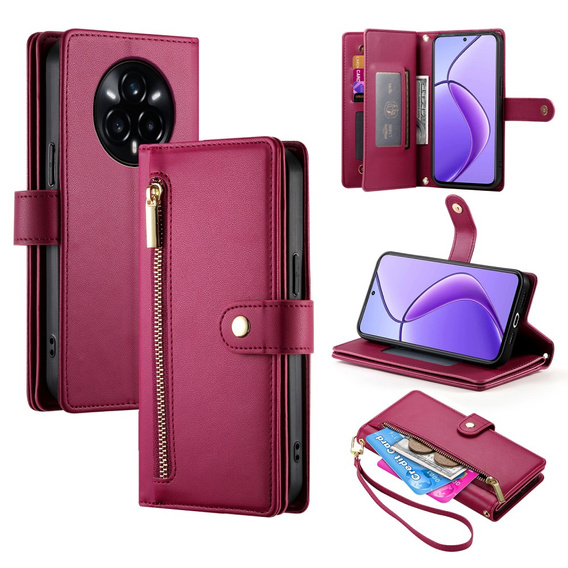 Etui z klapką do Realme 14 Pro+ 5G, Wallet Zipper Pocket, czerwone