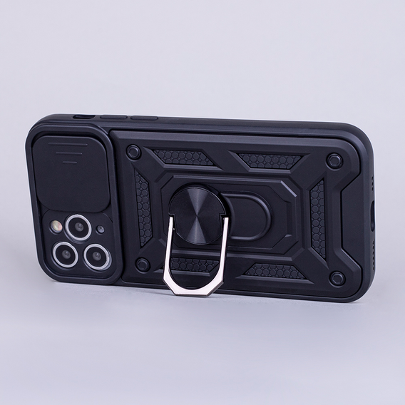 Etui do iPhone 15 Pro Max, pancerne Slide Ring, czarne + szkło 9H