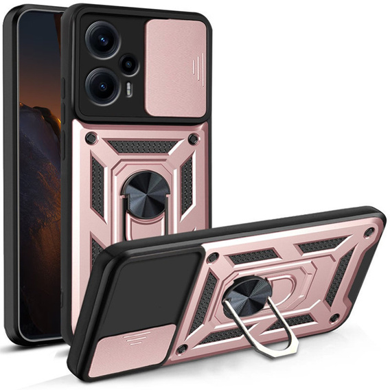 Zestaw Etui pancerne do Xiaomi Poco F5, Nox Camera Slide, różowe rose gold + Szkło