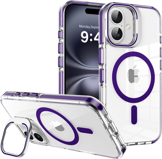 Etui do iPhone 17, do MagSafe, z podstawką, przezroczyste z fioletowymi akcentami