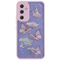 Etui do Samsung Galaxy A54 5G, Glitter butterflies, z ochroną aparatu, przezroczyste z różową ramką