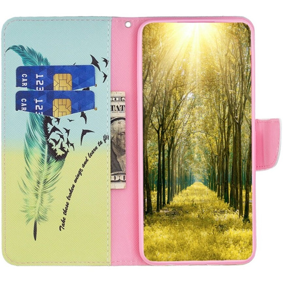 Etui z klapką do Samsung Galaxy A55 5G, Wallet, Feather niebieskie / żółte