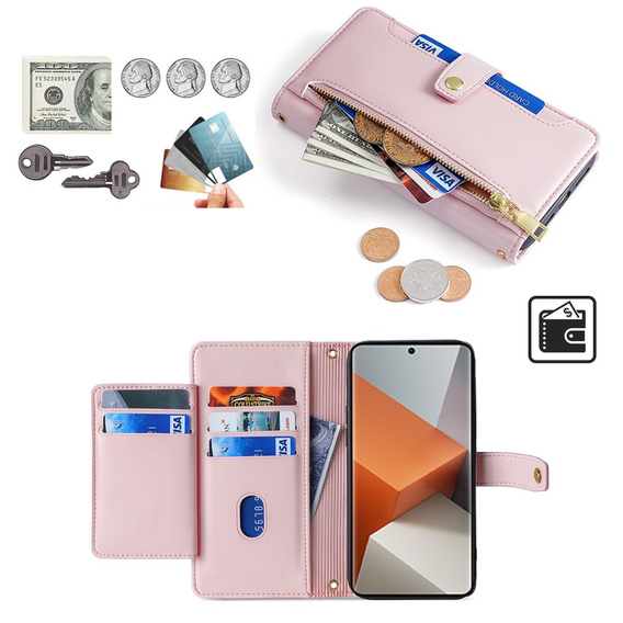 Etui z klapką do Xiaomi Redmi Note 13 Pro+, Wallet Zipper Pocket, różowe