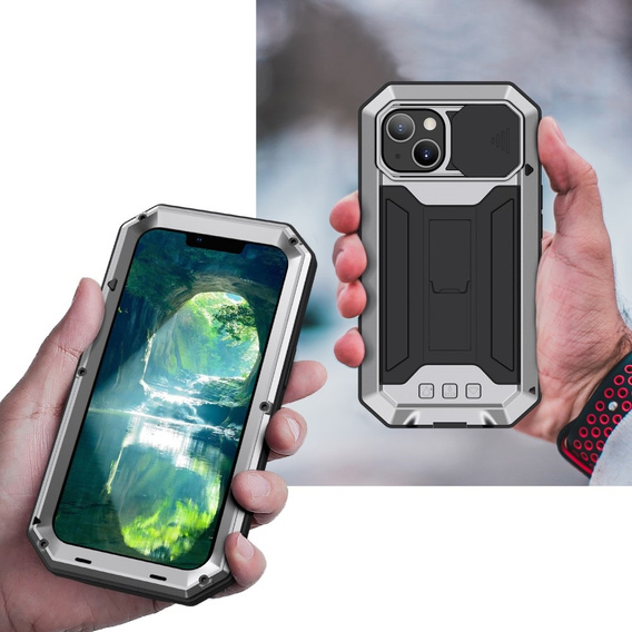 Etui do iPhone 13 Mini, R-JUST CamShield Slide, pancerne, srebrne / czarne