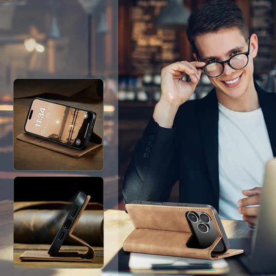 Etui do iPhone 17 Pro Max, ERBORD Vintage portfel z klapką, kawowe
