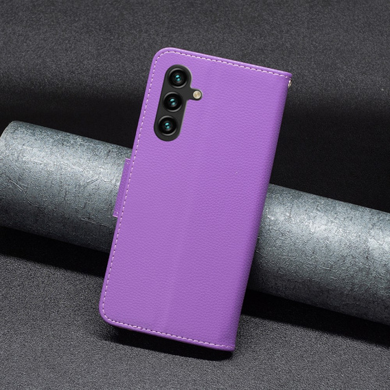 Etui z klapką do Samsung Galaxy A15, Wallet Litchi Leather, fioletowe + szkło 9H