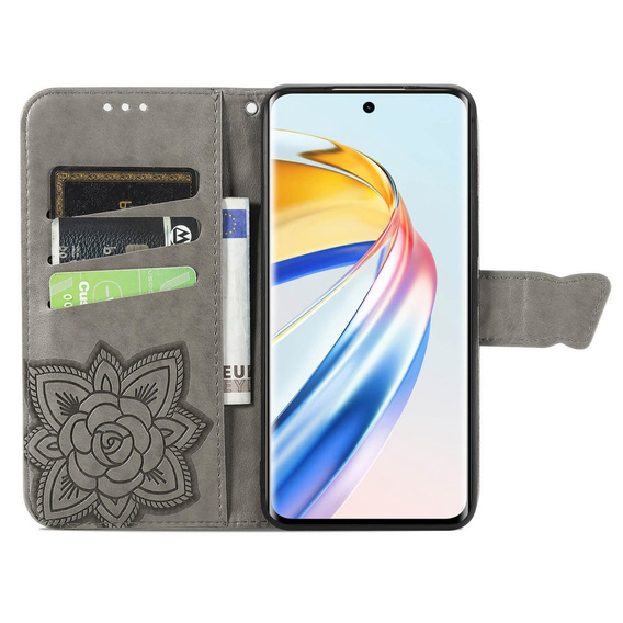 Etui z klapką do Honor Magic 6 Lite 5G, Butterfly, szare