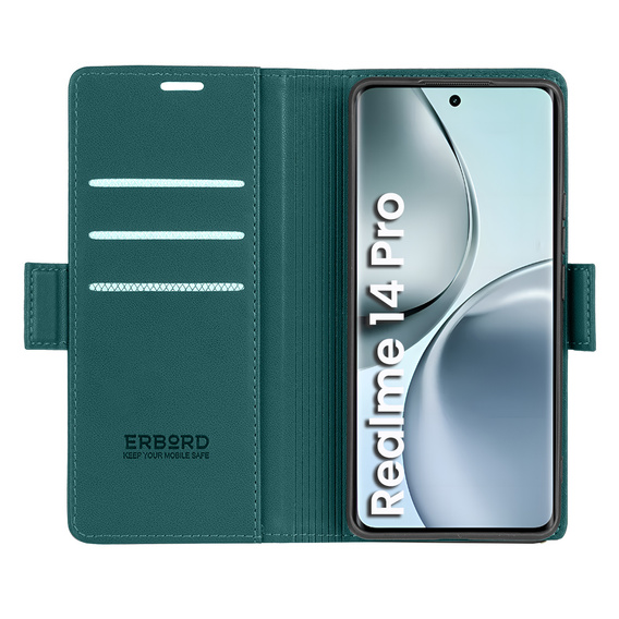 Etui do Realme 14 Pro 5G, ERBORD Glossy Litchi, portfel z klapką, zielone