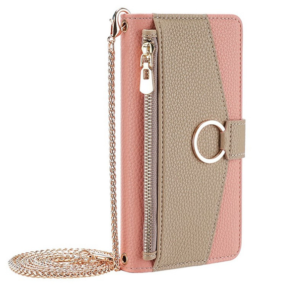 Etui z klapką do Samsung Galaxy A56 5G, Wallet Zipper Pocket, z lusterkiem, różowe