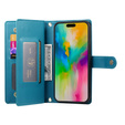 Etui z klapką do iPhone 16 Pro, Wallet Zipper Pocket, niebieskie