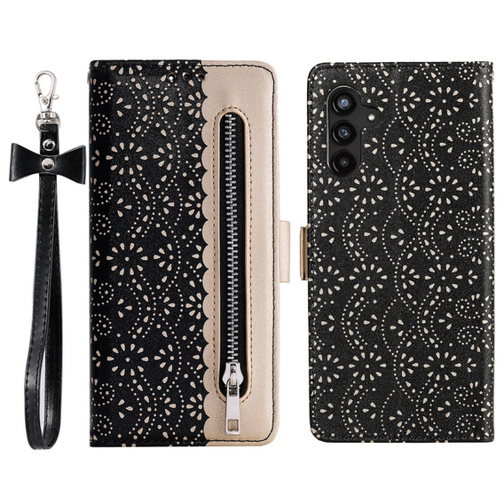 Etui z klapką do Samsung Galaxy A25 5G, Wallet Pocket Zipper Lace, czarne