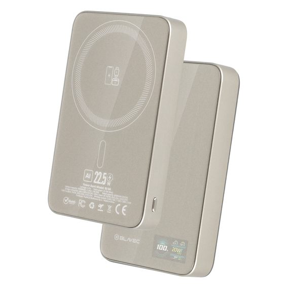 Blavec Power Bank 10000mAh BJ-04 Slim 13,5mm - Typ C - 22,5W, MagSafe 3 w 1 - złoty szklany
