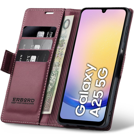 Etui do Samsung Galaxy A25 5G, ERBORD Glossy Litchi, portfel z klapką, czerwone