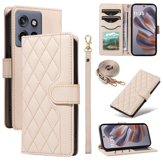 Etui z klapką do Motorola Edge 50 Neo / Motorola ThinkPhone 25, Rhombus Crossbody Leather, beżowe