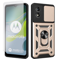 Zestaw Etui pancerne do Motorola Moto E13, CamShield Slide, złote + szkło