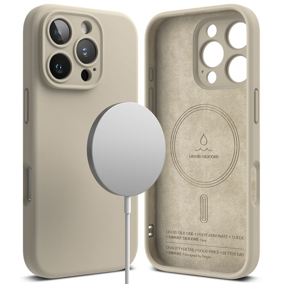 Etui Ringke do iPhone 16 Pro Max, Silicone MagSafe, beżowe + Szkło Hartowane 9H