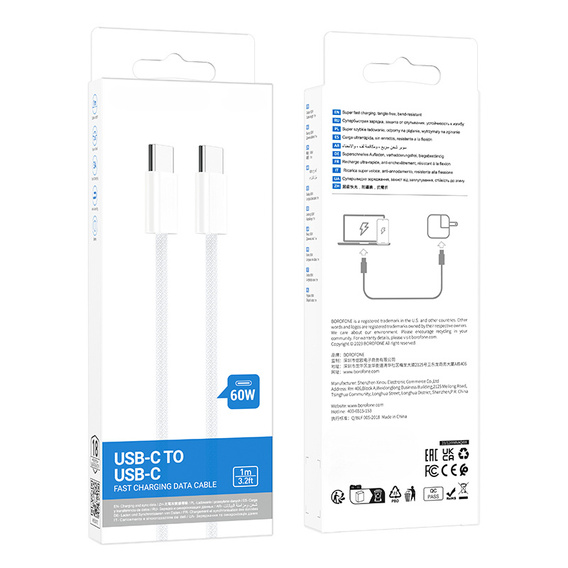 Szybki Kabel 60W USB Typ-C do Typ-C, 1 m, biały