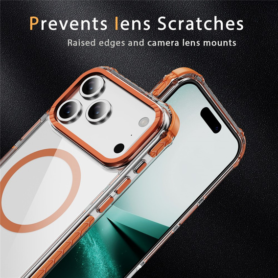 Etui pancerne do iPhone 17 Pro Max, do MagSafe, przezroczyste z pomarańczową ramką