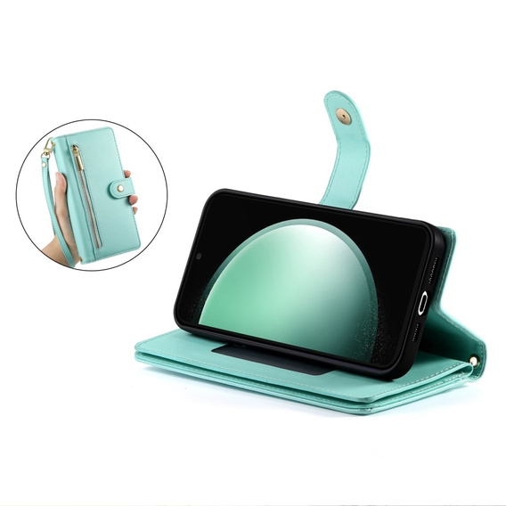 Etui z klapką do Samsung Galaxy S24 FE, Wallet Zipper Pocket, zielone