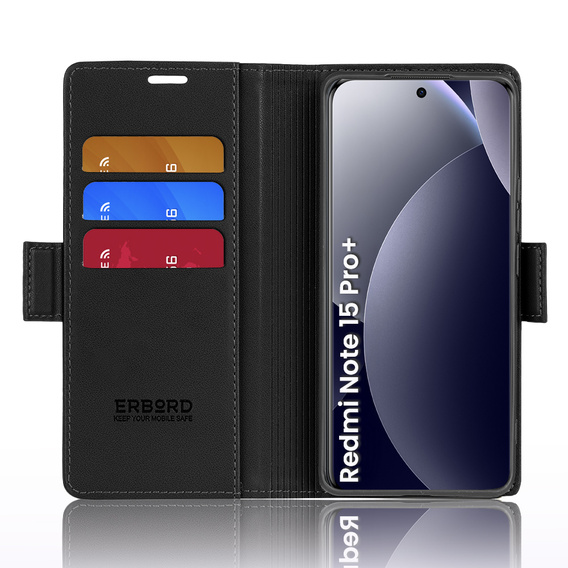 Etui do Xiaomi Redmi Note 15 Pro Plus 5G / Poco M8 Pro 5G, ERBORD Glossy Litchi, portfel z klapką, czarne