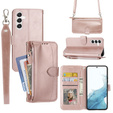 Etui z klapką do Samsung Galaxy A25 5G, Wallet Zipper Pocket, z paskiem na ramię, różowe rose gold