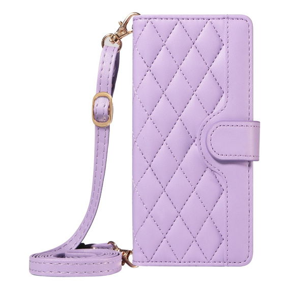 Etui z klapką do iPhone 16E, Rhombus Crossbody Leather, fioletowe
