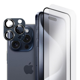 2x Szkło + szybka na aparat granatowa do iPhone 15 Pro Max, ERBORD Hartowane 9H/3D