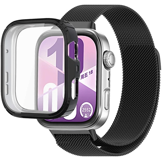 Bransoleta Milanese + Etui z osłoną na ekran do Huawei Watch Fit 4, Czarna