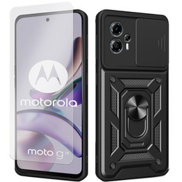 Zestaw Etui do Motorola Moto G13 / G23 pancerne, z ochroną aparatu i ringiem, czarne + szkło