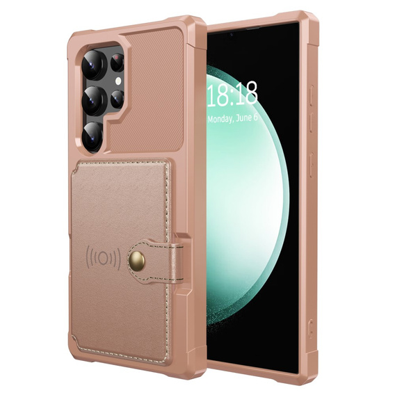 Etui do Samsung Galaxy S25 Ultra z kieszenią na karty, zapięciem na napę – różowe