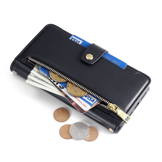 Etui z klapką do iPhone 15, Wallet Zipper Pocket, czarne