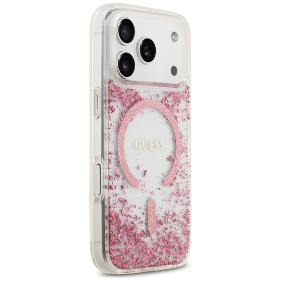 Etui GUESS do iPhone 17 Pro, Resin Bottom Glitter MagSafe, różowa