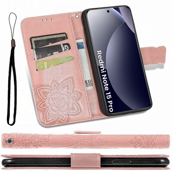 Etui z klapką do Xiaomi Redmi Note 15 Pro 5G, Butterfly, różowe