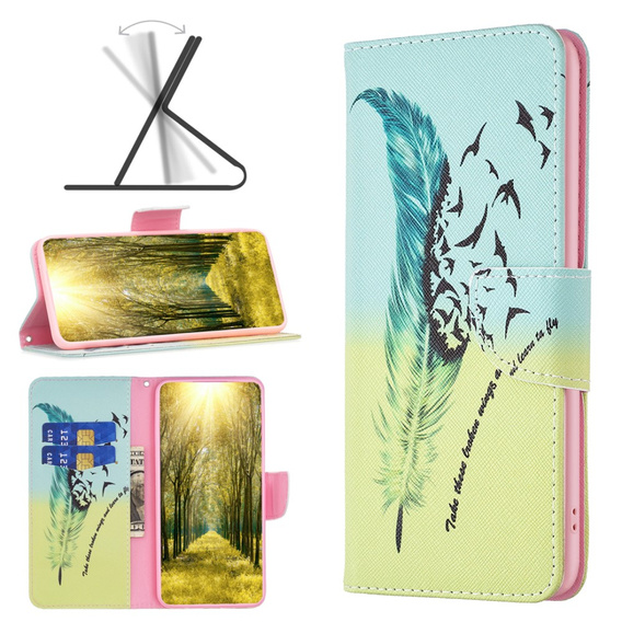 Etui z klapką do Oppo A79 5G, Wallet, Feather niebieskie / żółte