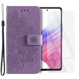 Zestaw Etui z Klapką do Samsung Galaxy A53 5G, Mandala i kwiaty, Fioletowe + szkło
