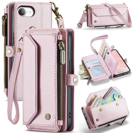 Etui CASEME do iPhone 16E, RFID Leather Wallet, z paskiem na ramię, różowe